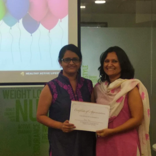 Professional recognition and certification for Rupali Shevade, nutritionist in Pune