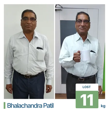 Before and after 11 kg health and fat loss transformation for a senior male client at the best weight loss clinic in Pune.
