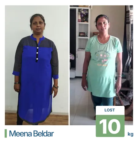 Before and after 10 kg weight loss transformation for a homemaker client at Nutritionist Rupali's weight loss clinic in Pune.