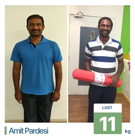 Before and after 11 kg fat loss journey for a businessman client showcasing a personalized weight loss treatment client result.