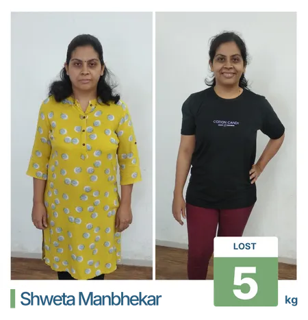 Before and after 5 kg fat loss milestone showing a proven weight loss treatment in Pune client result.