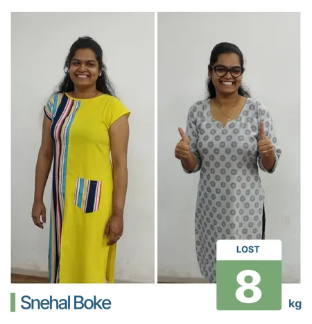 Before and after 8 kg successful weight loss in Pune for a working professional female client balancing lifestyle and fitness goals.