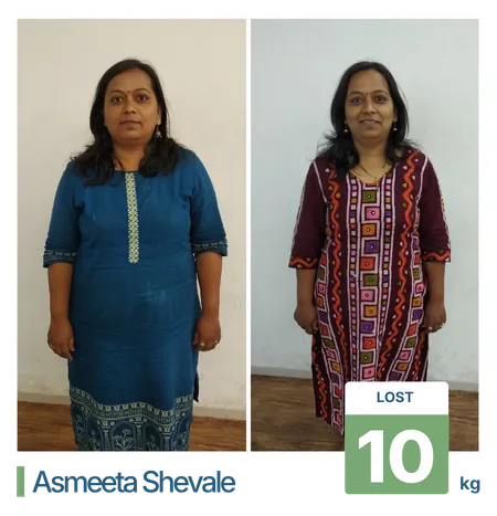 Before and after 10 kg sustainable weight loss in Pune for a female client achieving long-term health and lifestyle transformation.