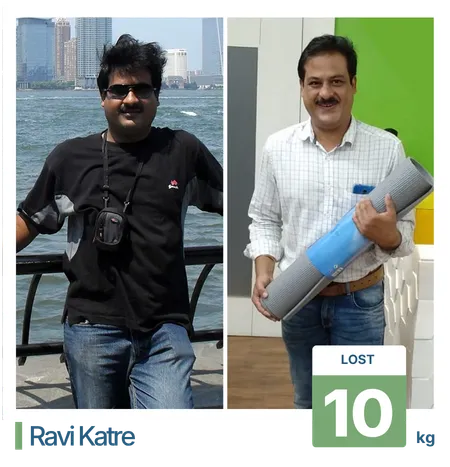 Before and after 10 kg weight loss transformation for a software engineer client at our weight loss clinic in Pune.