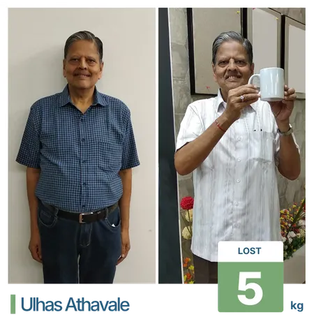 Before and after 5 kg health transformation for a senior citizen client at our weight loss clinic in Pune.
