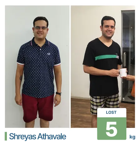 Before and after 5 kg fat loss journey for an IT professional client tracking healthy weight loss in Pune.