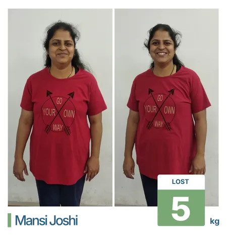 Before and after 5 kg fat loss transformation for a female client tracking successful weight loss in Pune.
