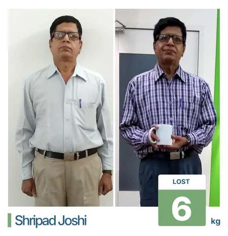 Before and after 6 kg weight loss treatment client result showing healthy fat loss and lifestyle management for a male senior citizen.