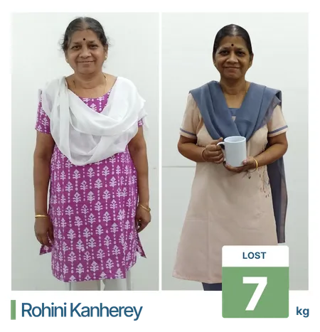 Before and after 7 kg health and fat loss transformation for a senior citizen client following a tailored weight loss treatment.