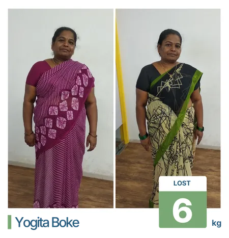 Before and after 6 kg fat loss transformation for a female client following a customized weight loss treatment in Pune.